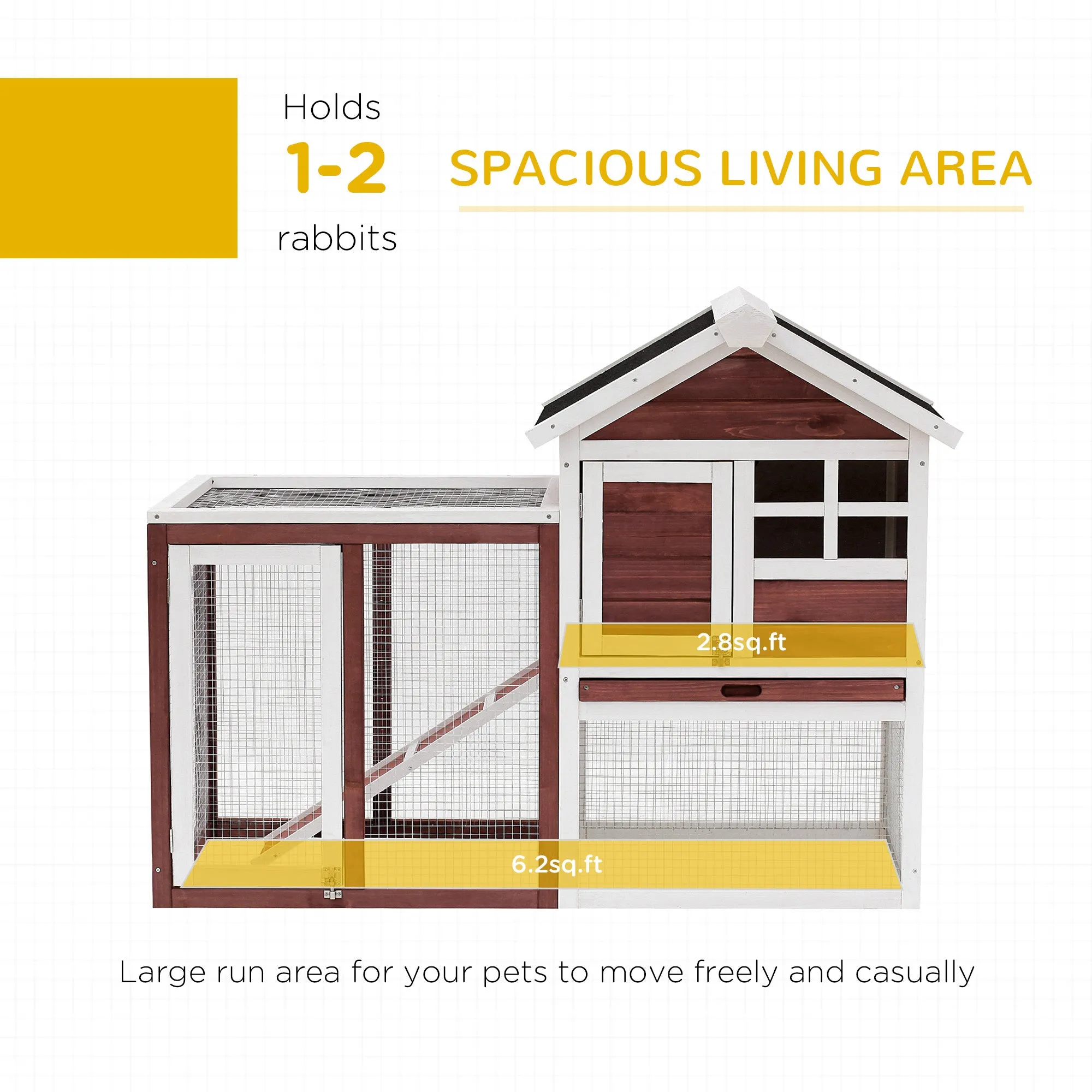 122 Wooden Rabbit Hutch Bunny Cage with Waterproof Asphalt Roof, Fun Outdoor Run, Removable Tray and Ramp, Brown