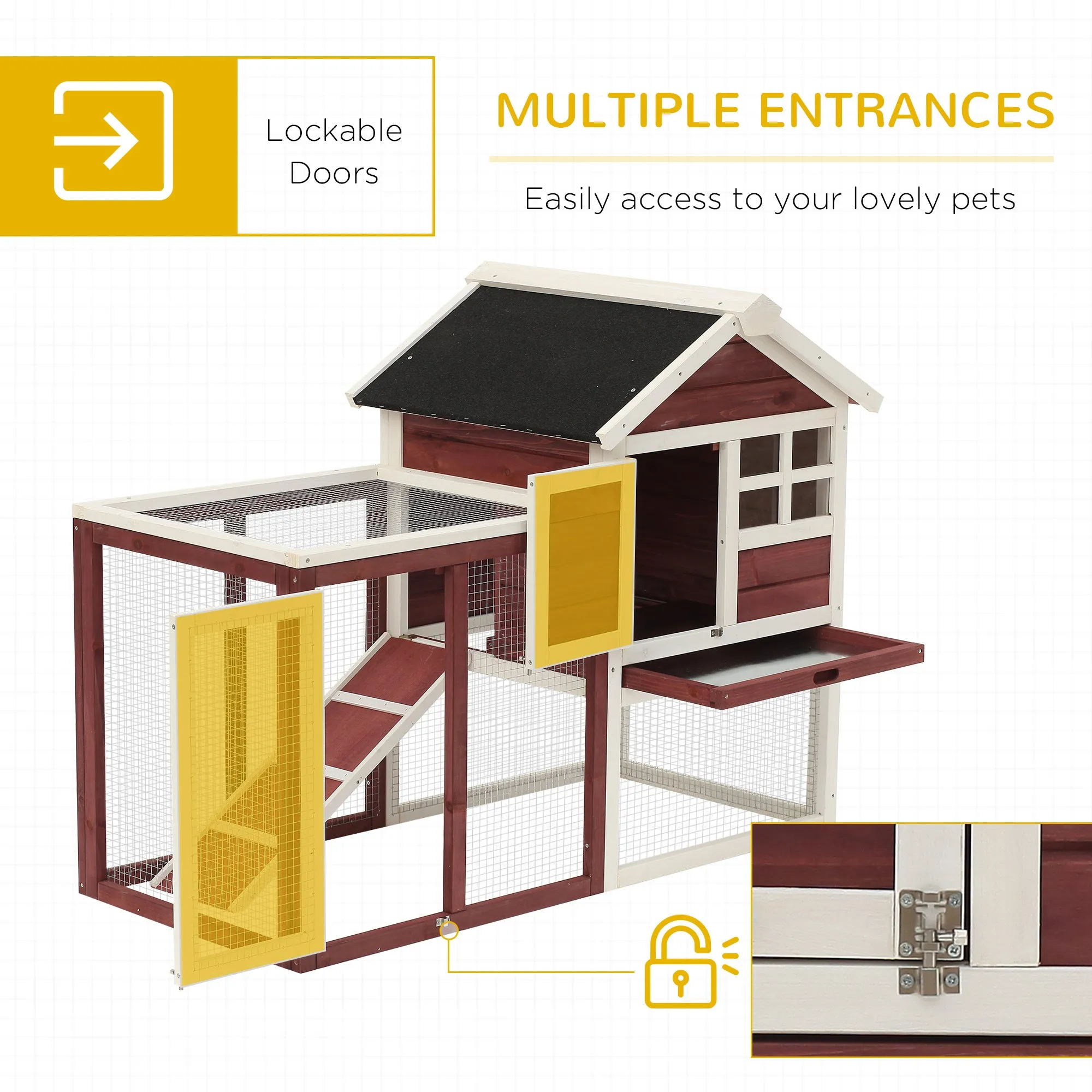 122 Wooden Rabbit Hutch Bunny Cage with Waterproof Asphalt Roof, Fun Outdoor Run, Removable Tray and Ramp, Brown