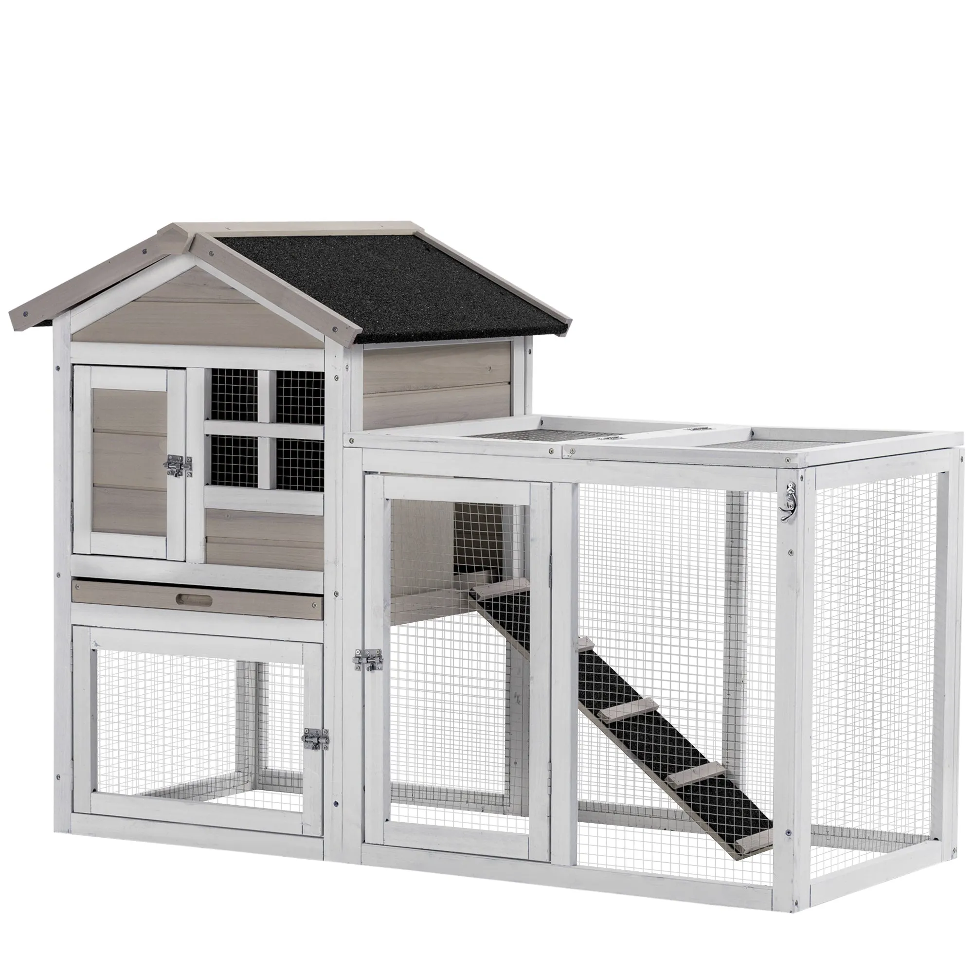 2 in 1 Rabbit Hutch, Double Main House Guinea Pig Hutch, Wooden Small Animal House with Run Box, Slide-out Tray, Ramp, 259 x