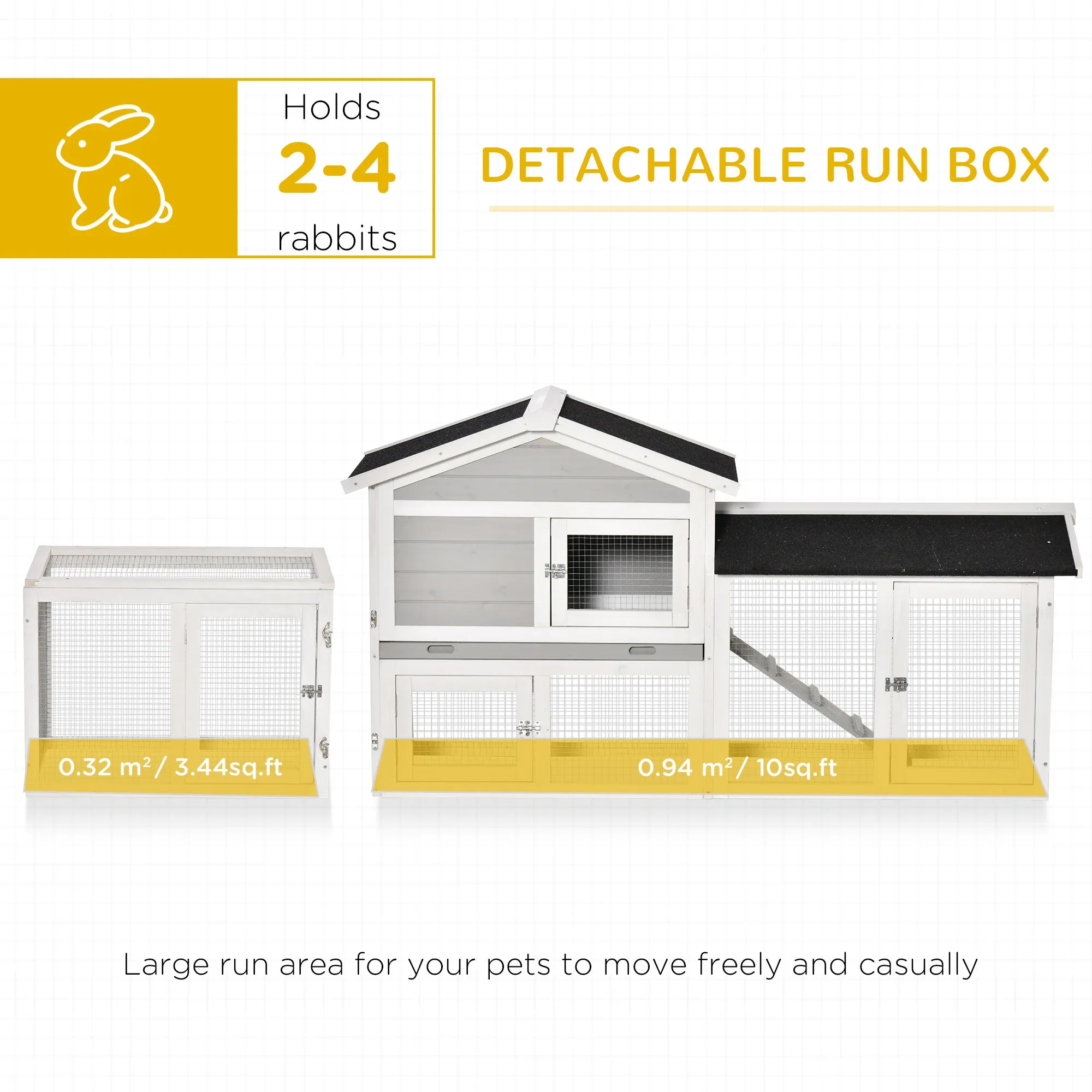 2 Tier Wooden Rabbit Hutch Small Pet House Bunny Run Cage with Pull Out Tray Ramps Lockable Doors Large Run Area Asphalt Roof for Outdoor Grey