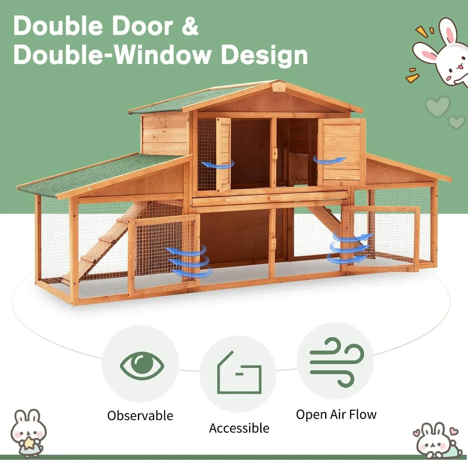 HOMREST 89" Outdoors Wooden Two-layers Rabbit Hutch with Removable Tray Double Ramps