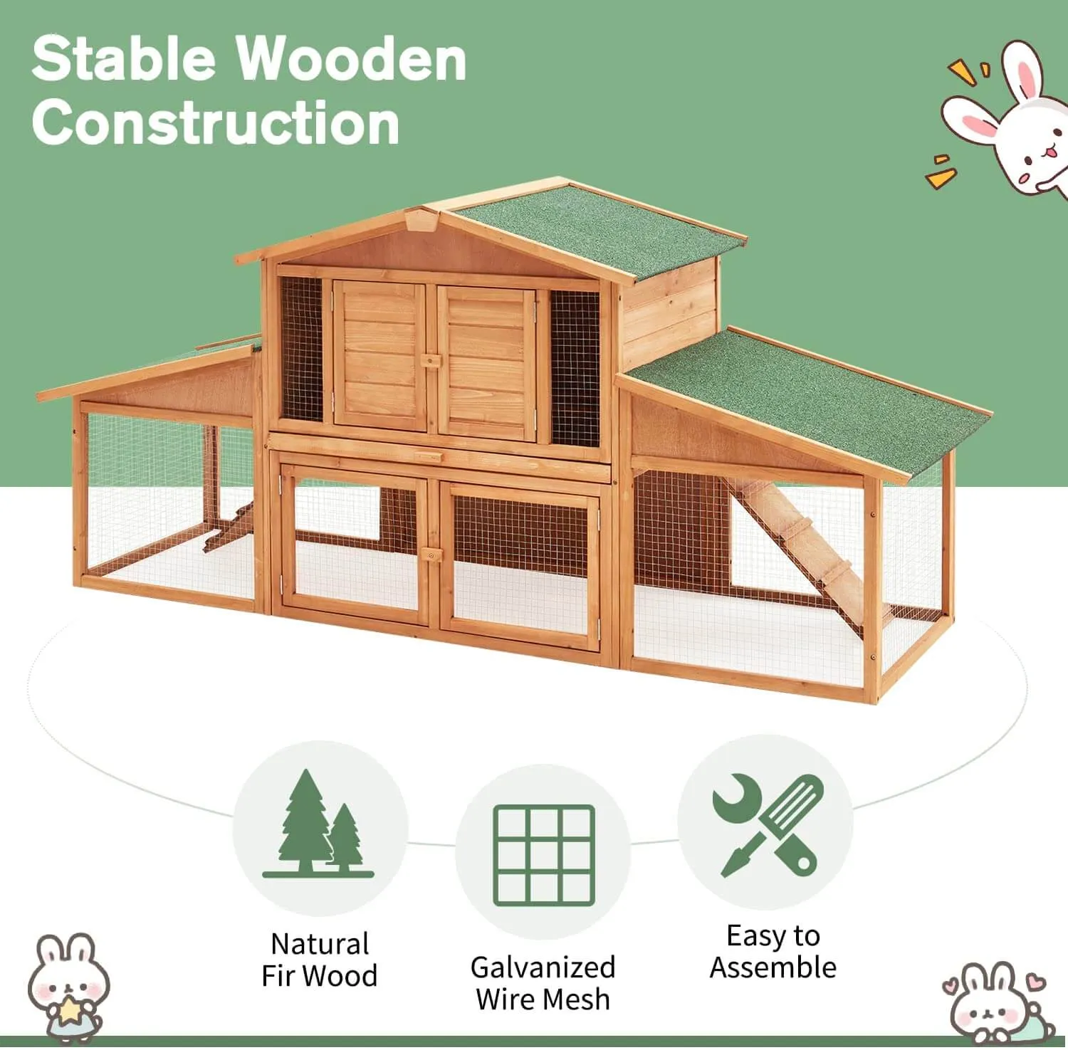 HOMREST 89" Outdoors Wooden Two-layers Rabbit Hutch with Removable Tray Double Ramps