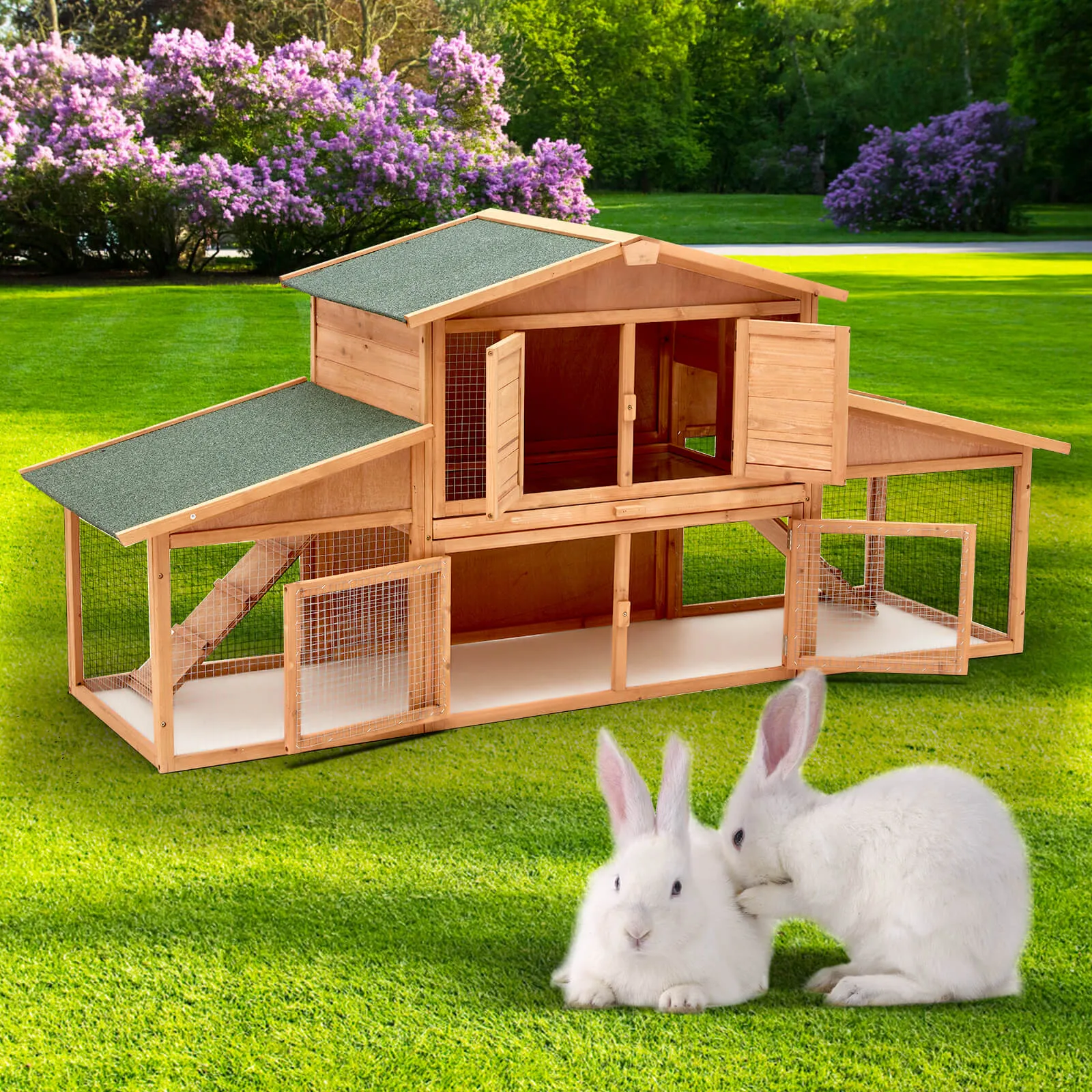 HOMREST 89" Outdoors Wooden Two-layers Rabbit Hutch with Removable Tray Double Ramps