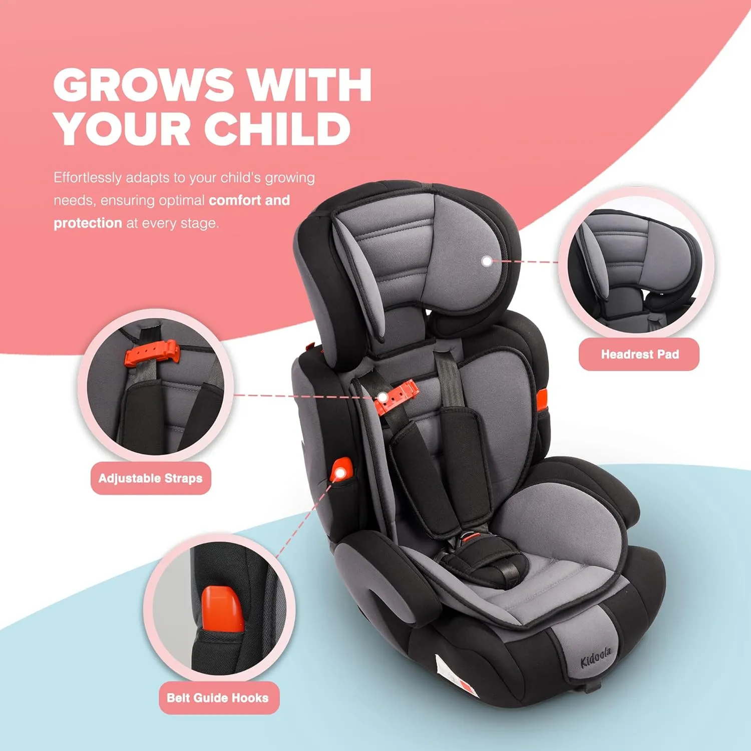 Kidoola Adjustable Car Seat for Toddlers & Children – Safety Certified Booster Seat, Comfortable Padding, 3 Age Functions, ECE R44/04 Certified, Up to 12 Years