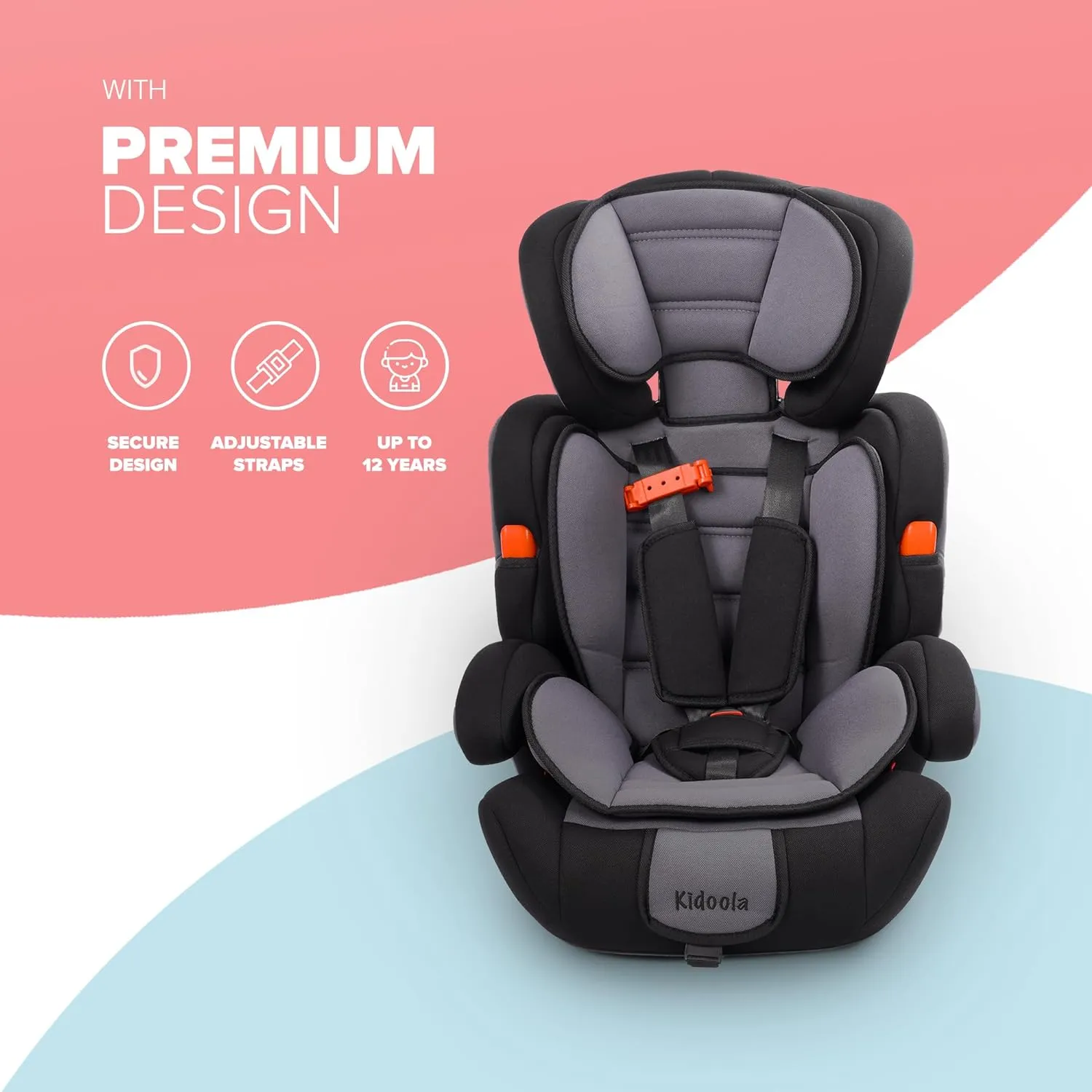 Kidoola Adjustable Car Seat for Toddlers & Children – Safety Certified Booster Seat, Comfortable Padding, 3 Age Functions, ECE R44/04 Certified, Up to 12 Years