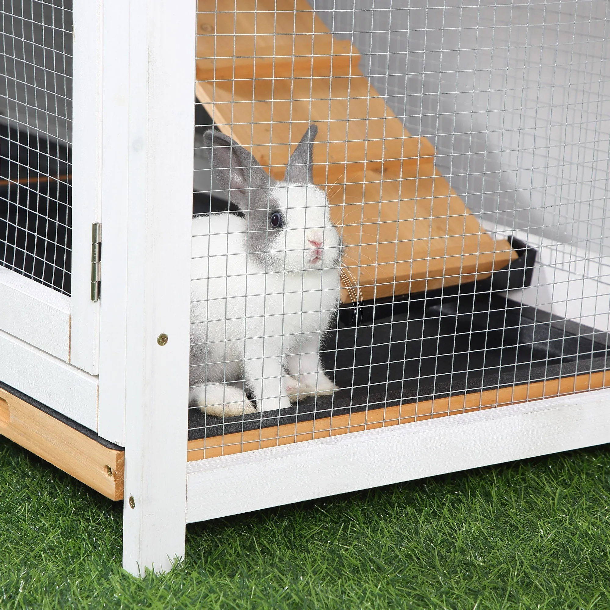 PawHut 2-Tier Wooden Rabbit Hutch Guinea Pig House Pet Cage Outdoor w/ Tray Ramp Yellow