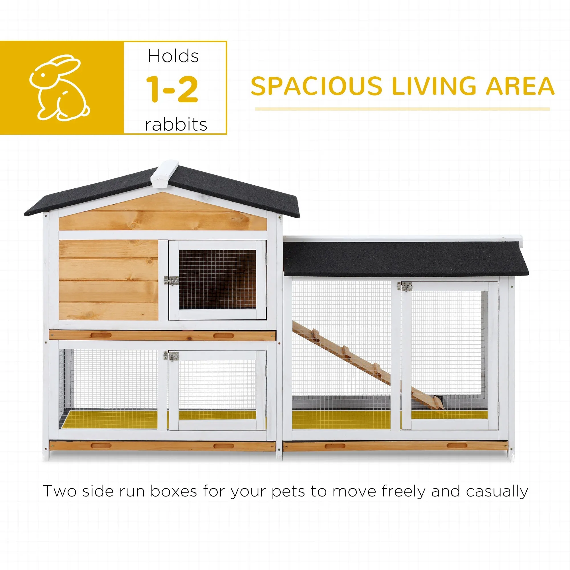 PawHut 2-Tier Wooden Rabbit Hutch Guinea Pig House Pet Cage Outdoor w/ Tray Ramp Yellow