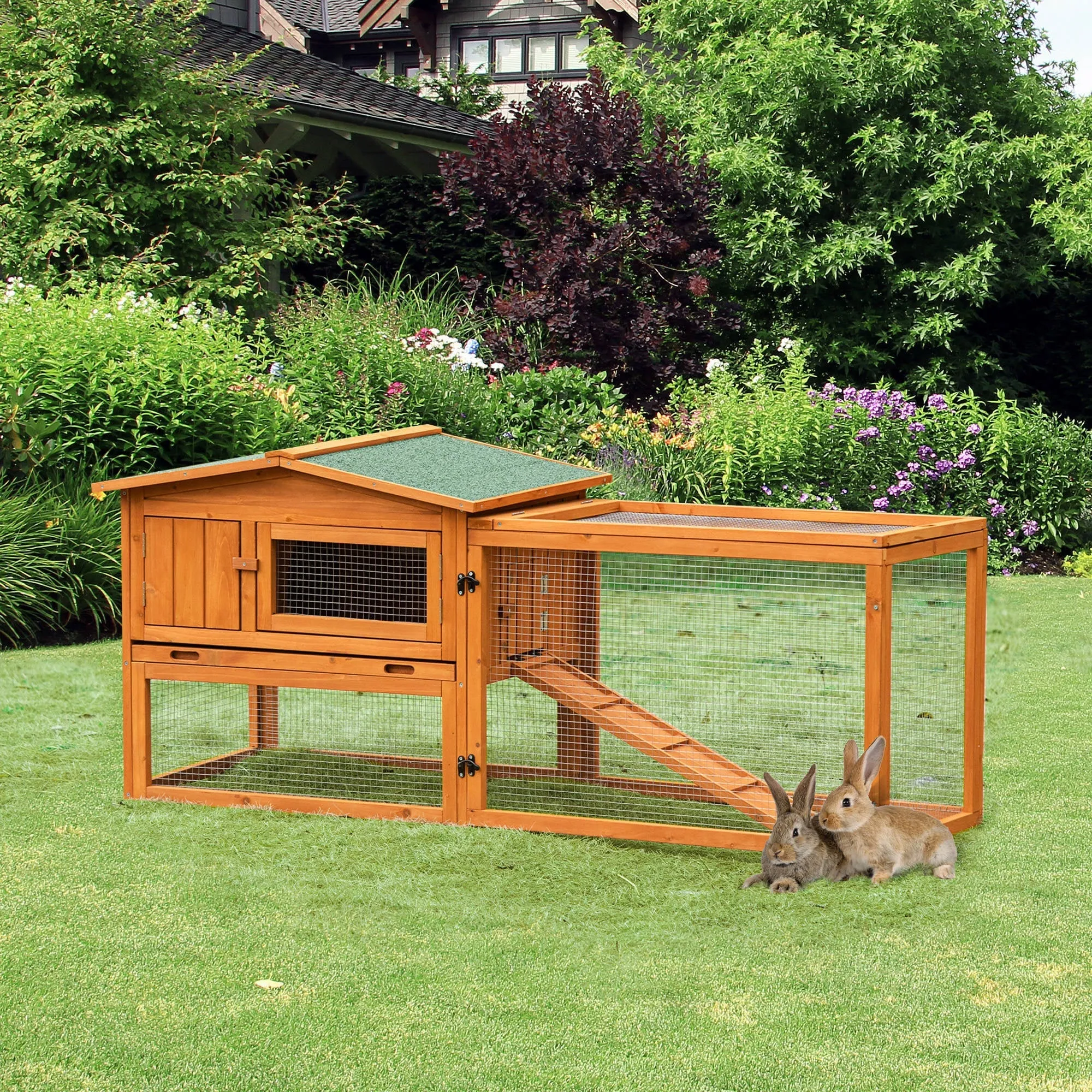 PawHut Rabbit Hutch and Run Outdoor Bunny Cage Wooden Guinea Pig Hide House with Sliding Tray