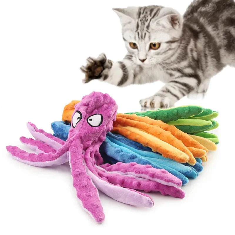 Plush Squeaky Dog Toy - Orange Octopus & Colorful Squid for Puppies and Pets