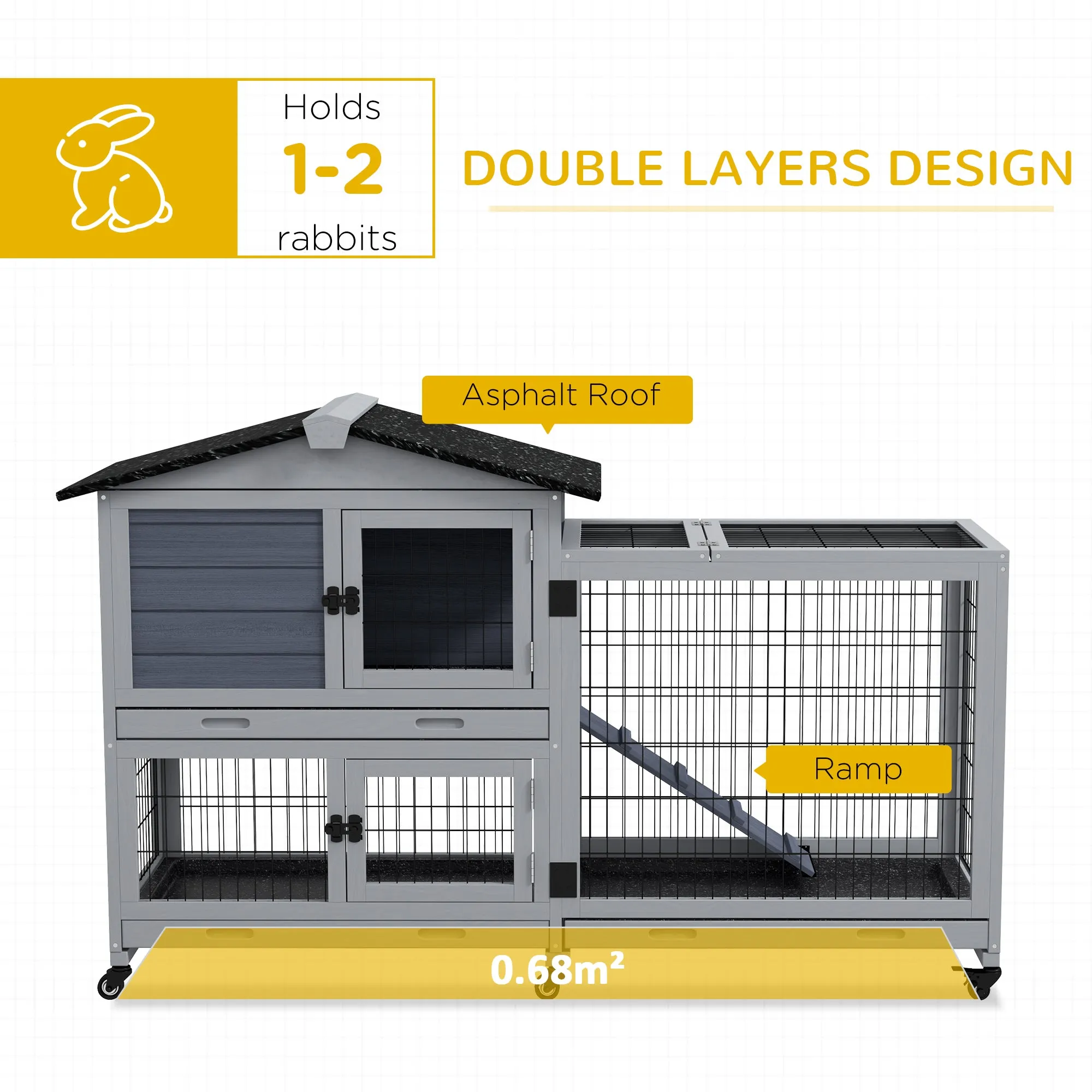 Portable Rabbit Cage, Rabbit Hutch with Run, Wheels, 3 Slide-out Trays, Ramp, Openable Top for Outdoor Indoor - Grey