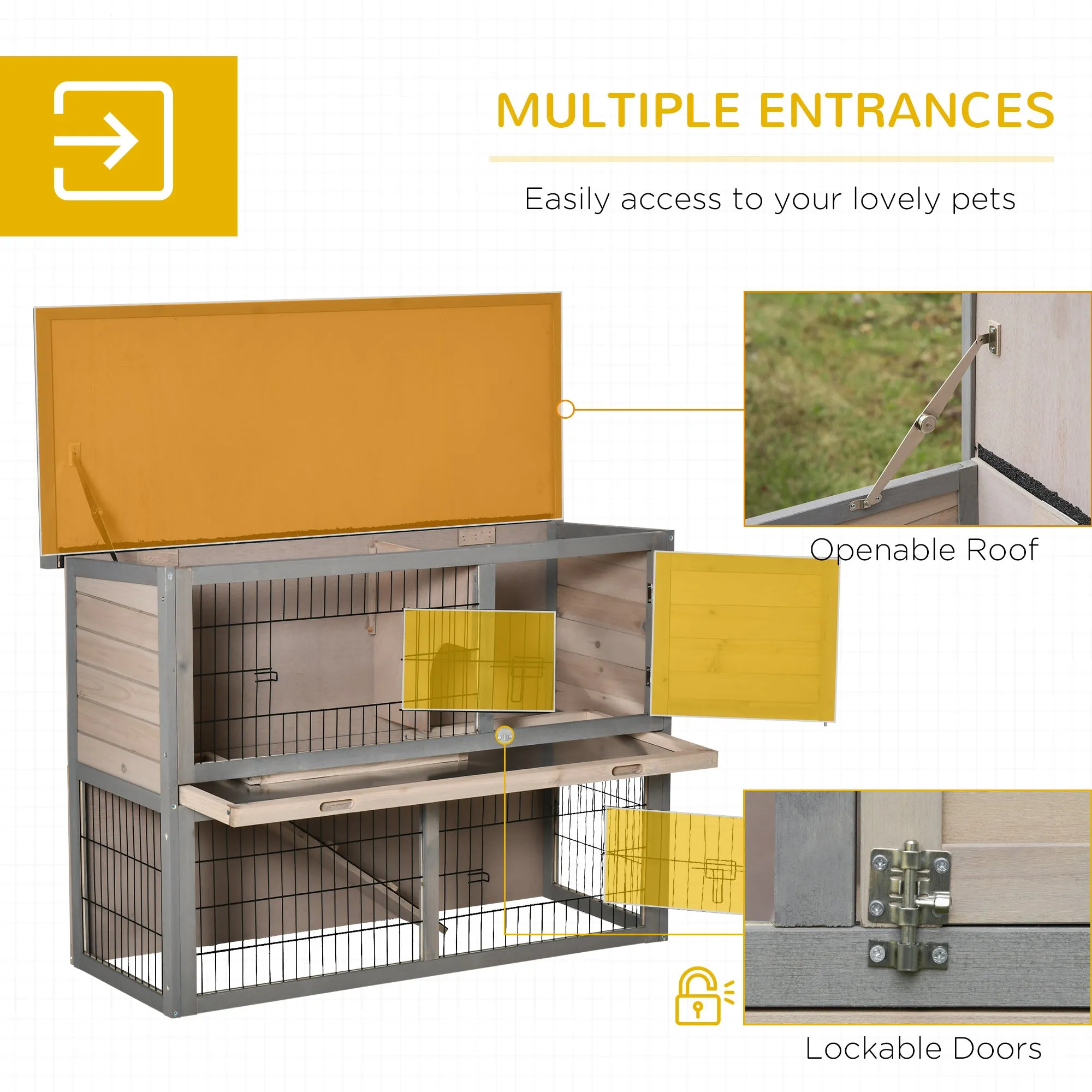 Rabbit Hutch Bunny Cage Small Animal House with Sliding Tray, Run, Openable Top, Ramp, for Indoor Outdoor, Grey 108x45x78 cm