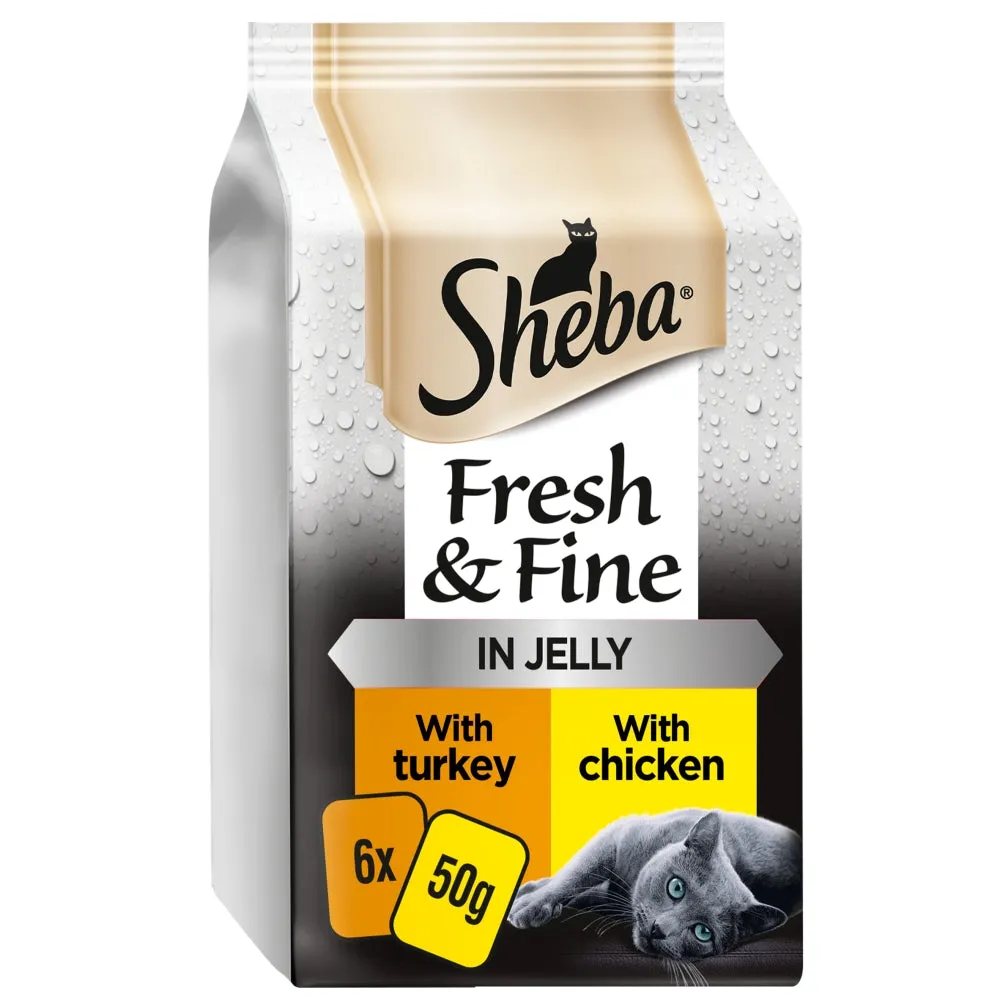 Sheba | Wet Cat Food Pouches | Fresh & Fine Single Servings | Chicken & Turkey Selection in Jelly - 6 x 50g