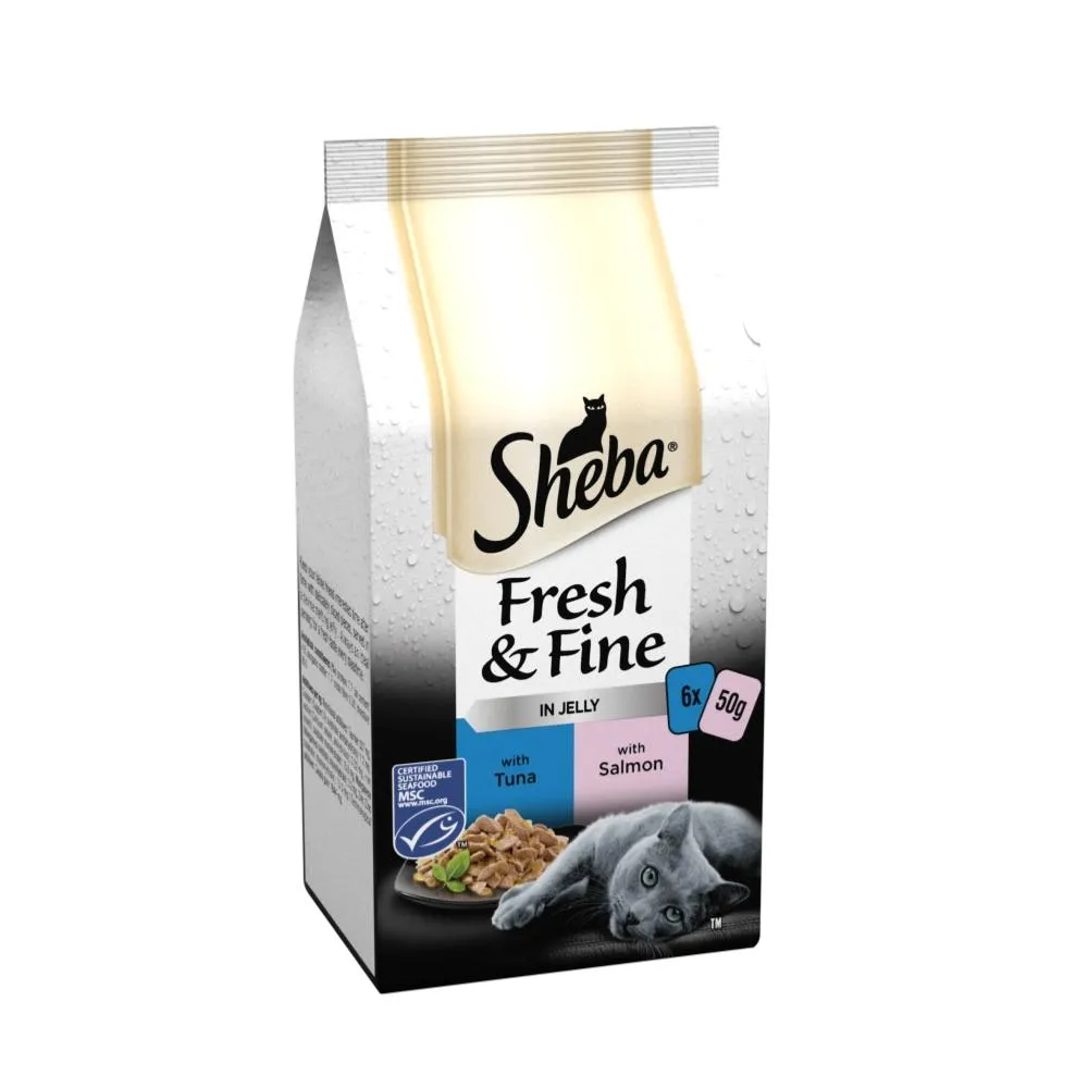 Sheba | Wet Cat Food Pouches | Fresh & Fine Single Servings | Tuna & Salmon Selection in Jelly - 6 x 50g