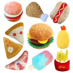 Soft Plush Squeaky Dog Toys - Ice Cream, Fries, and Hamburger Shapes