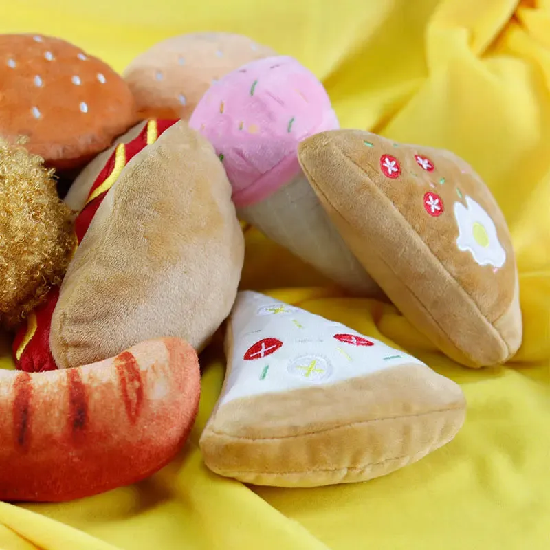 Soft Plush Squeaky Dog Toys - Ice Cream, Fries, and Hamburger Shapes