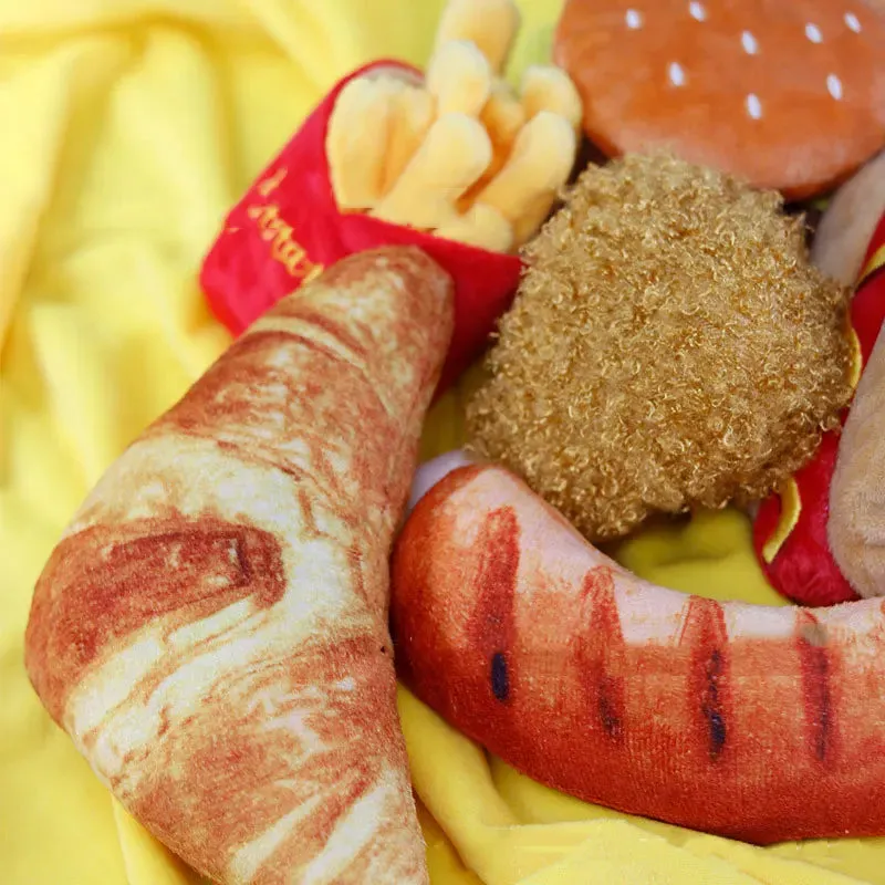 Soft Plush Squeaky Dog Toys - Ice Cream, Fries, and Hamburger Shapes