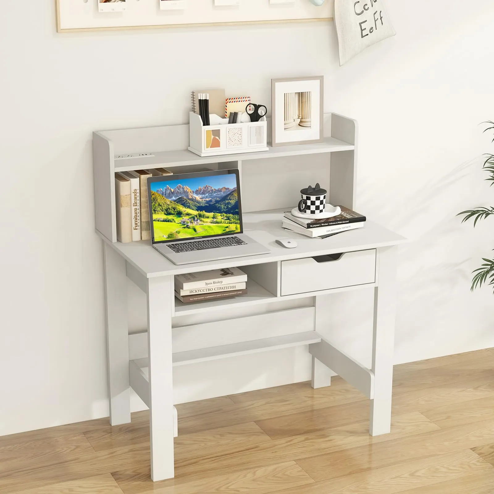 Tangkula White Computer Desk with Hutch, Home Office Writing Desk