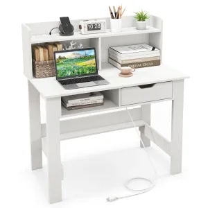 Tangkula White Computer Desk with Hutch, Home Office Writing Desk