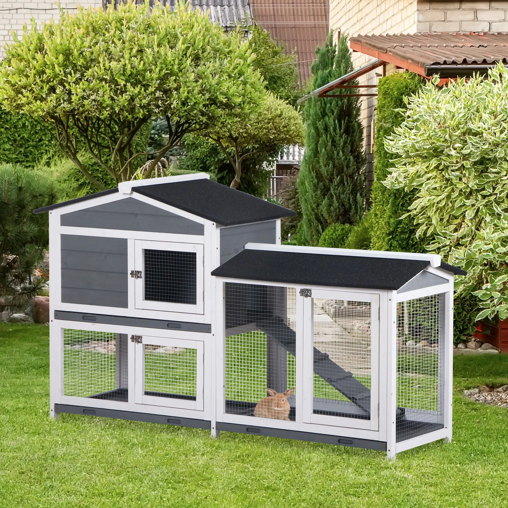 Wooden 2-Tier Rabbit Hutch w/ Tray Ramp Grey