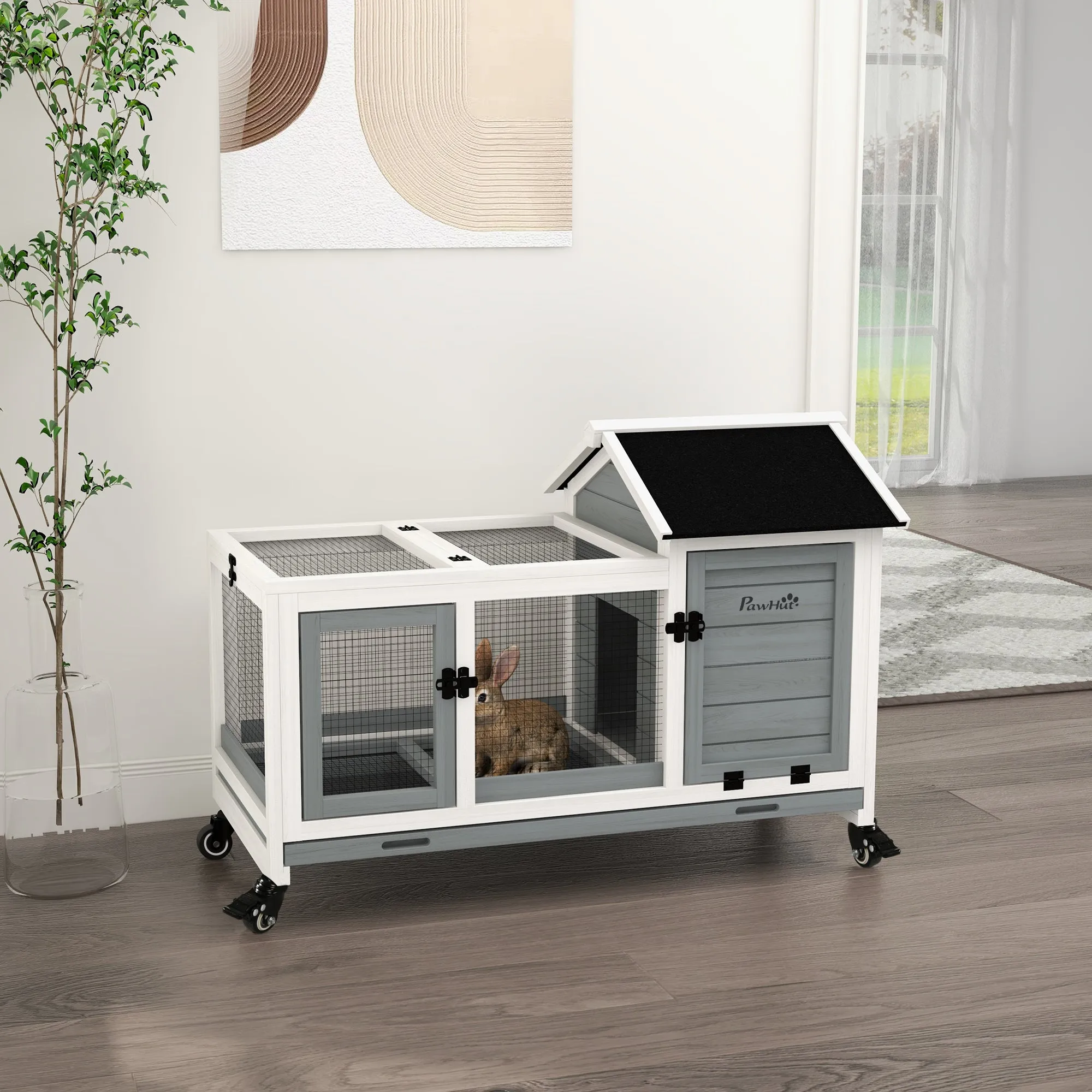 Wooden Rabbit Hutch, Guinea Pig Cage, with Removable Tray, Wheels - Grey