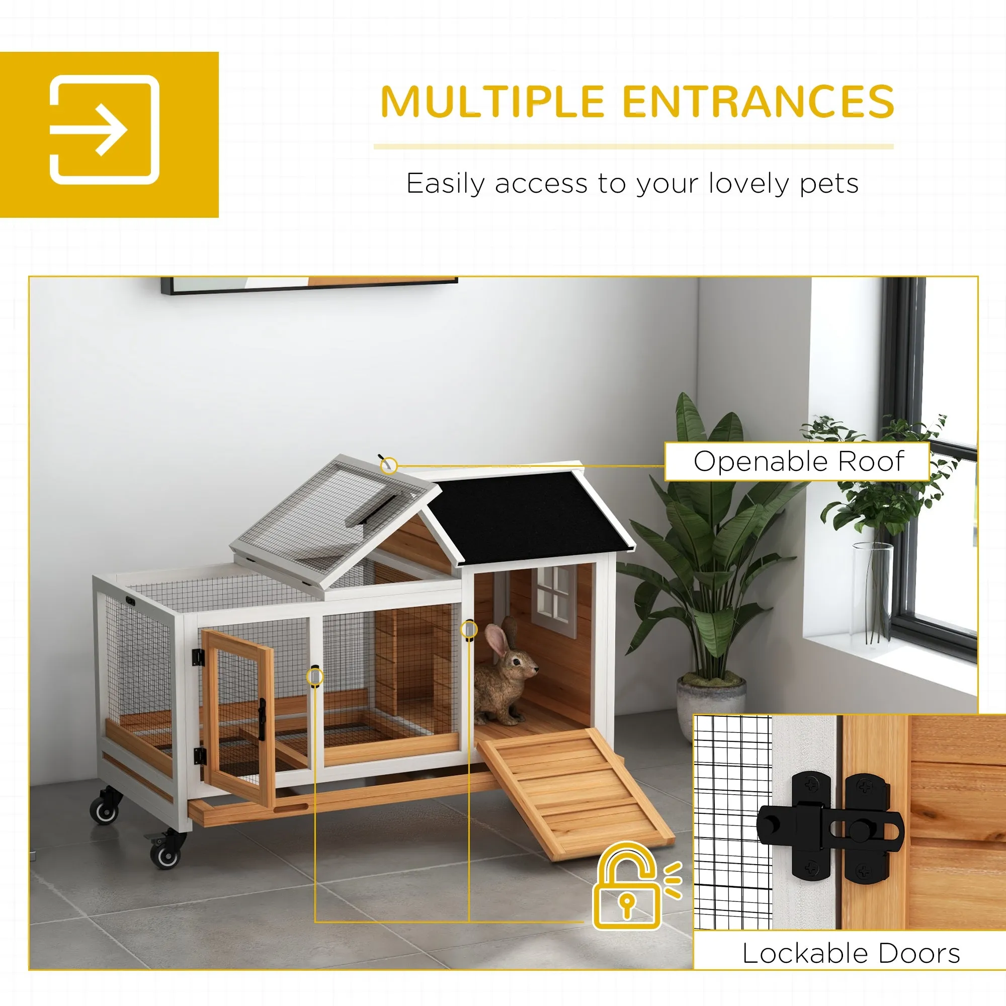 Wooden Rabbit Hutch, Guinea Pig Cage, with Removable Tray, Wheels - Yellow