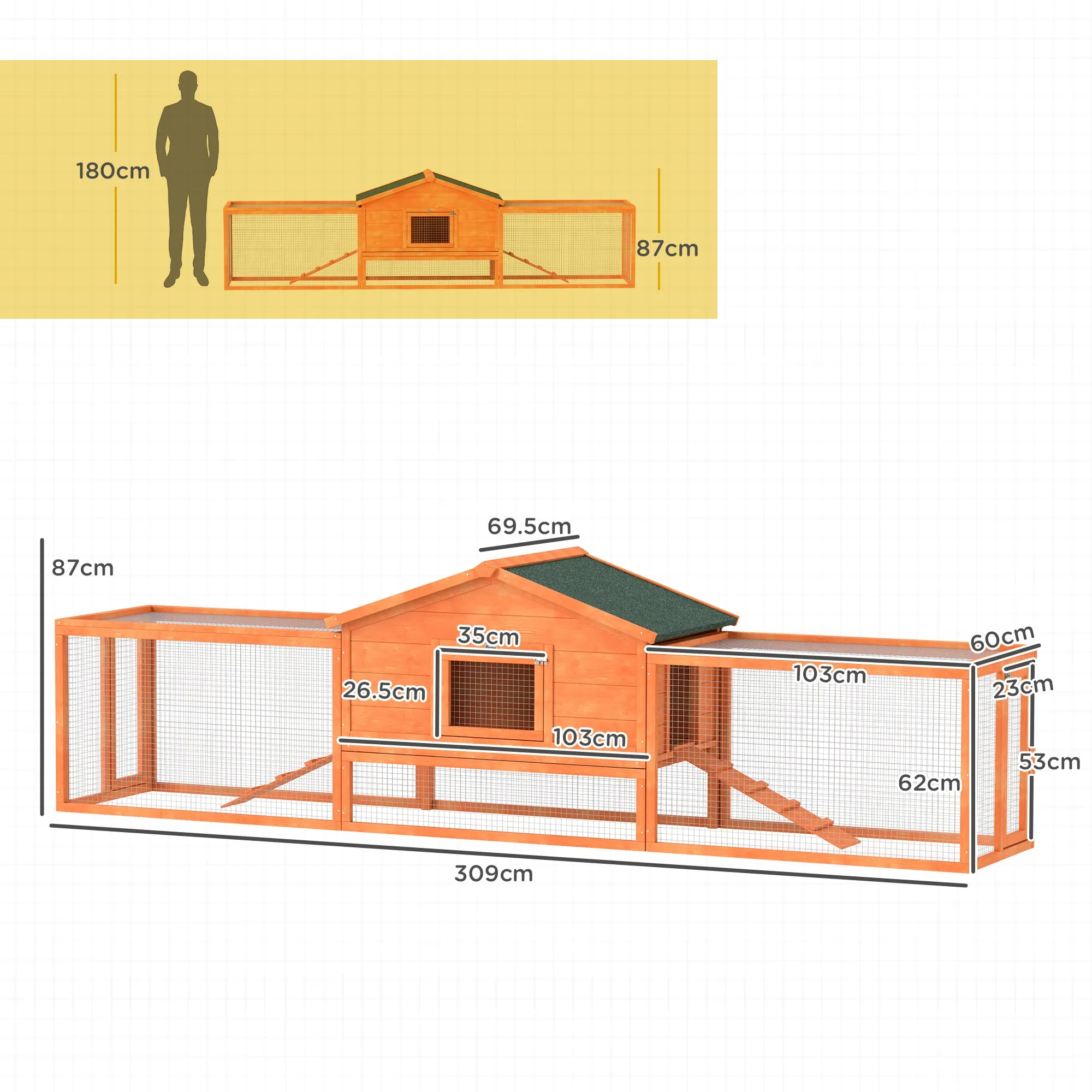 Wooden Rabbit Hutch Guinea Pig Hutch, Orange, 309 x 70 x 87cm