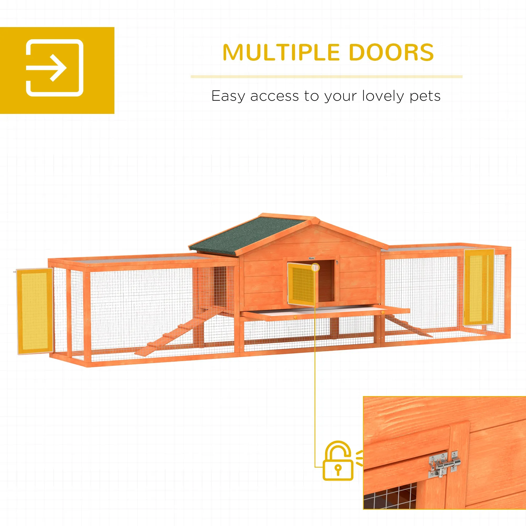 Wooden Rabbit Hutch Guinea Pig Hutch, Orange, 309 x 70 x 87cm