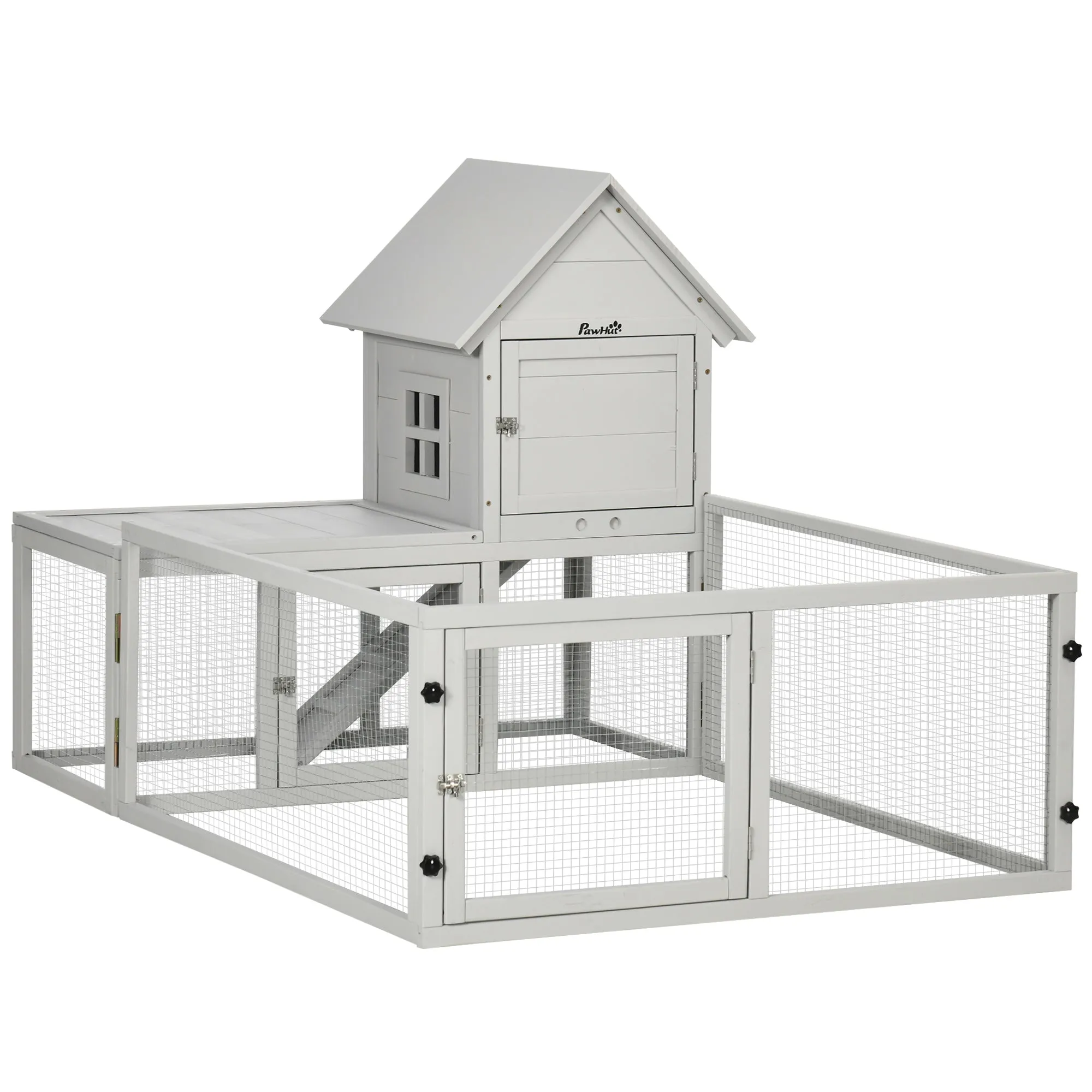 Wooden Rabbit Hutch with Extra Fenced Area, Large Guinea Pig Cage, Small Animal House for Indoor with Slide-out Tray, Grey