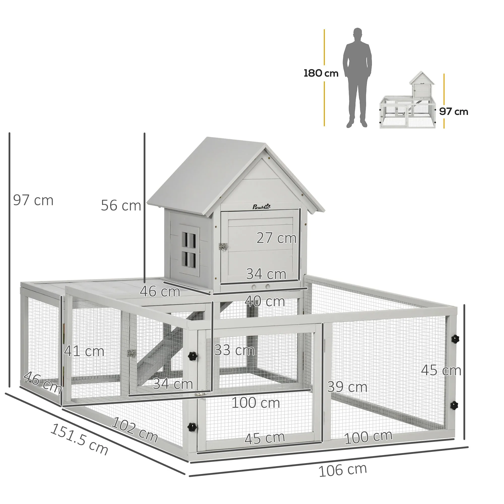 Wooden Rabbit Hutch with Extra Fenced Area, Large Guinea Pig Cage, Small Animal House for Indoor with Slide-out Tray, Grey